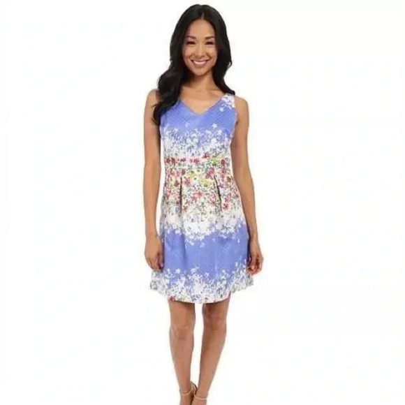 NWT Tahari Arthur Levine Blue Floral Fit Flare Sleeveless Tea Dress sz 10 - Picture 1 of 15